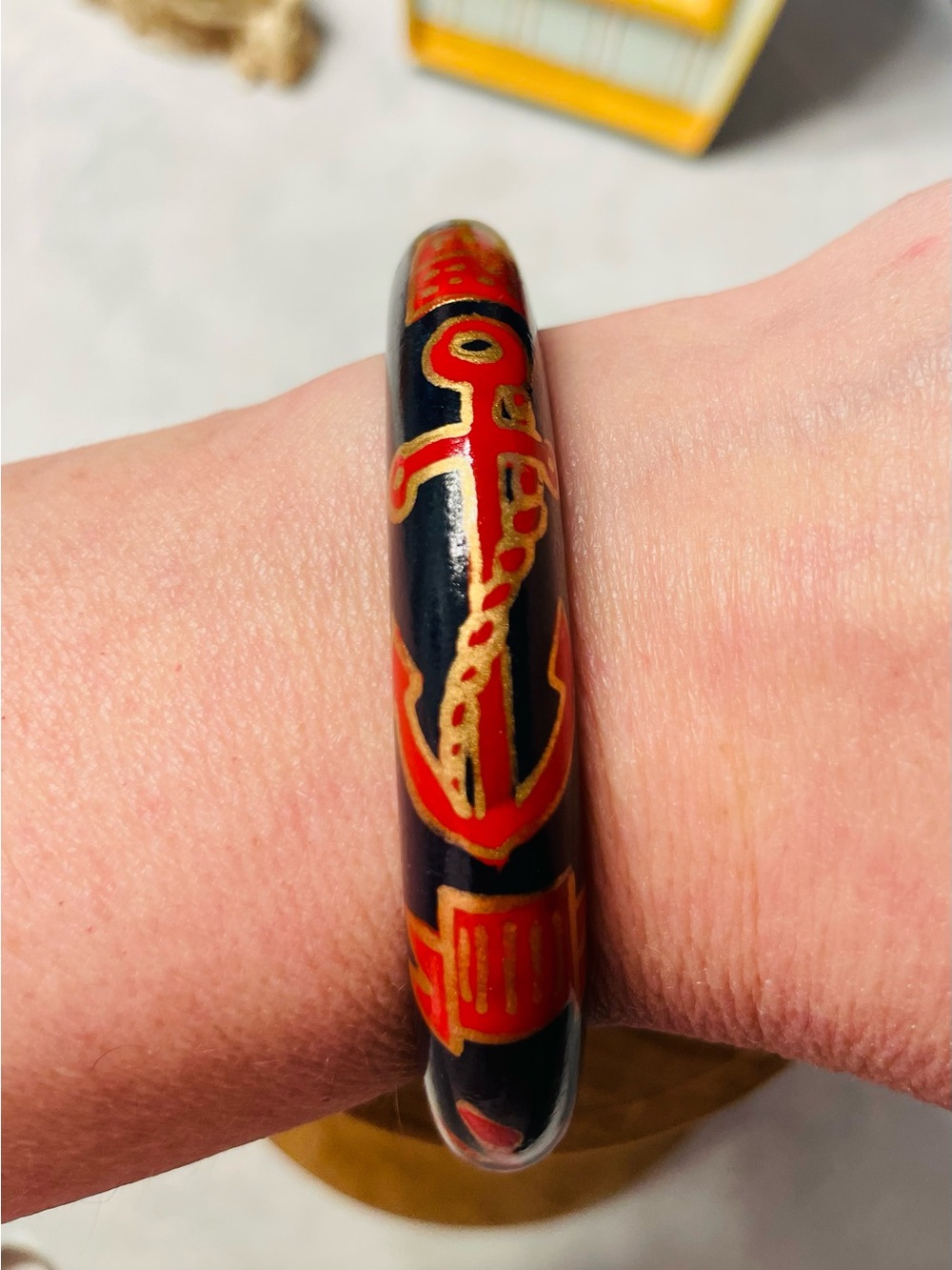 Vintage Maritime Black and Red Painted Wooden Lacquered Anchor Bangle Bracelet